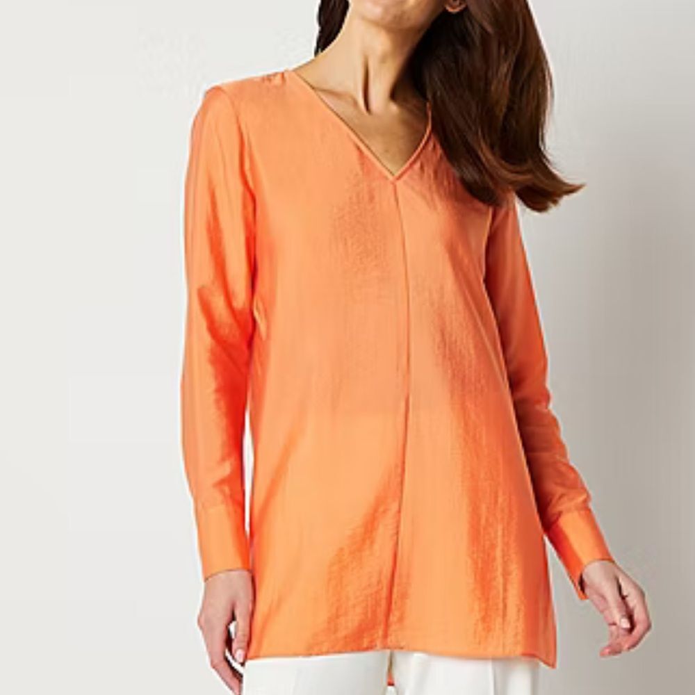 NEW $49 WORTHINGTON TUNIC TOP V NECK SIDE SLITS ORANGE SODA SATIN LOOK PULLOVER